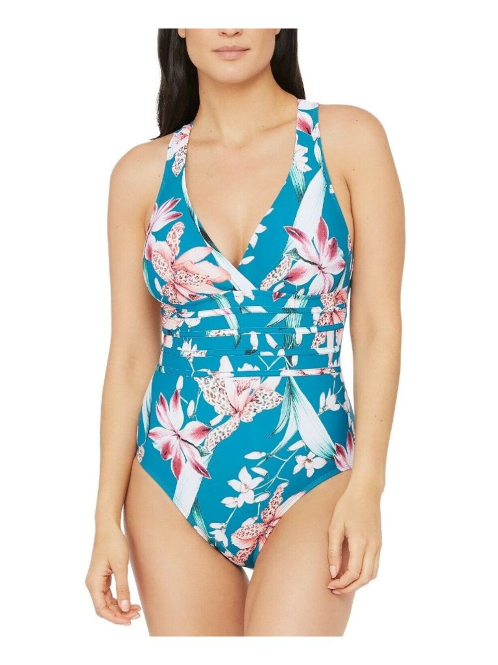 🆕LA BLANCA Cross Back Orchid Floral Print One-Piece Swimsuit 16